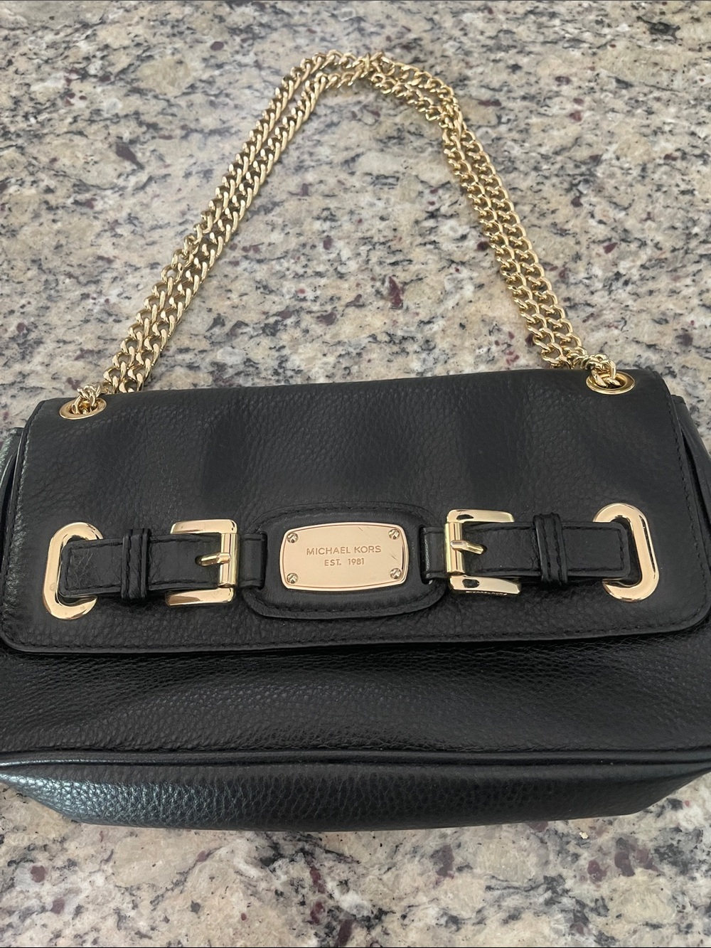 Michael Kors Black Pebbled Leather Shoulder Bag with Gold Chain